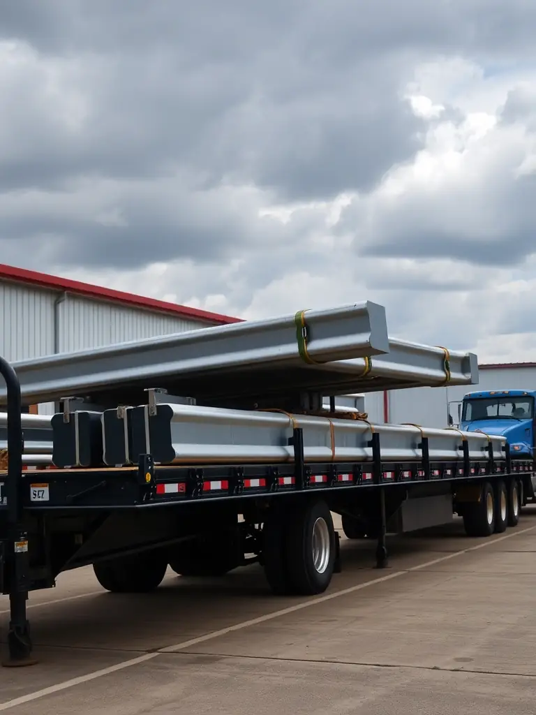 A flatbed trailer loaded with steel beams, demonstrating TOPSTAR LOGISTICS' expertise in handling open-deck freight.