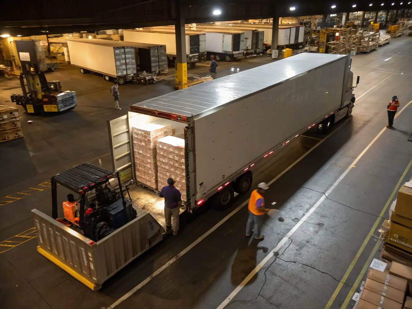 A dry van trailer being loaded with boxes at a warehouse loading dock, under a sunny sky. The scene emphasizes efficiency and reliability.
